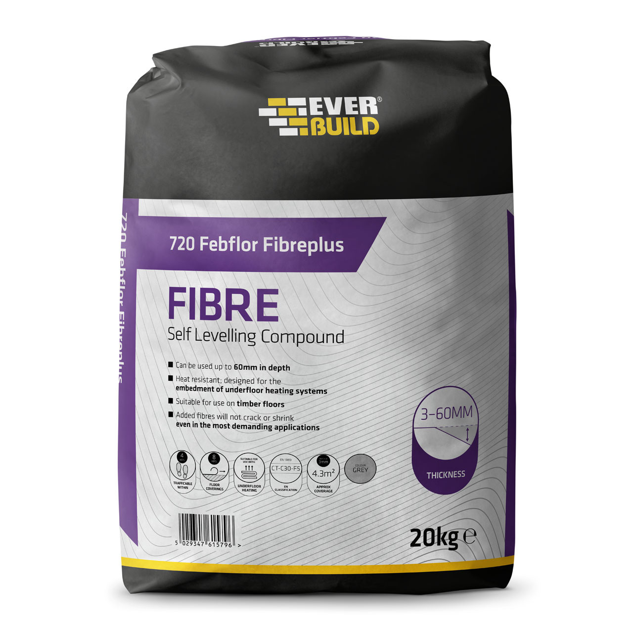 Photograph of EVERBUILD 720 FEBFLOR FIBRE PLUS SELF LEVELLING COmPOUND, Grey, 20kg