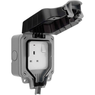 Further photograph of BG Electrical Weatherproof 13A 2 Gang Switched Socket Grey