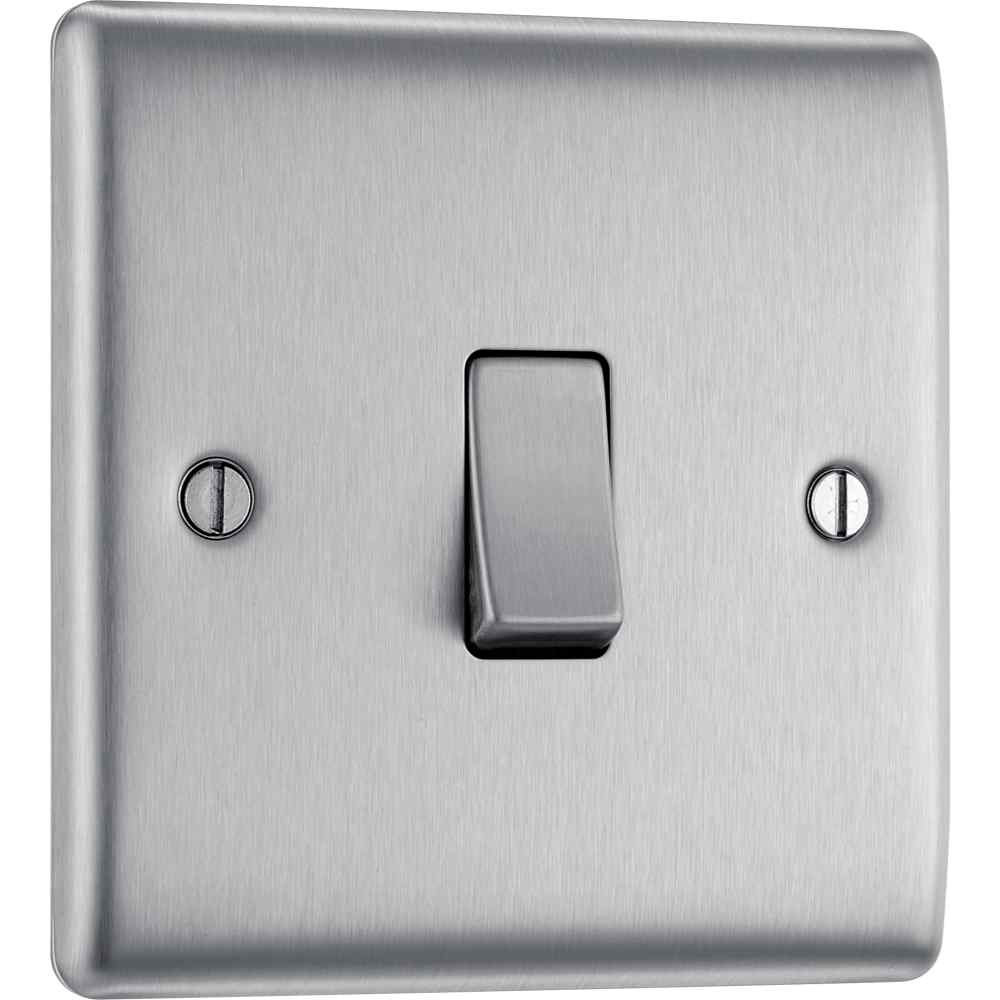 Photograph of BG Electrical Brushed Steel 1 Gang 2 Way Plate  Switch 10A 10Ax
