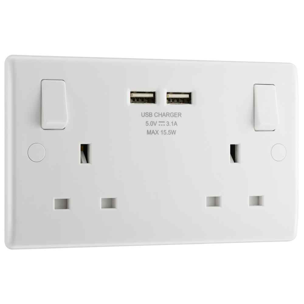 Photograph of Nexus 13A White 2 Gang Switched Socket +2XUSB (3.1A)