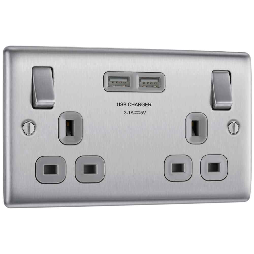 Photograph of BG Electrical Nexus Metal Double Power Socket, 3.1A USB, Brushed Steel, 2 Gang, 13A