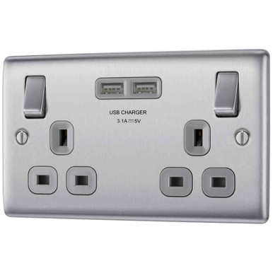 Further photograph of Brushed Steel 13A 2Gang Switched Socket+ 2 x USB (3.1A) NBS22U3G-01