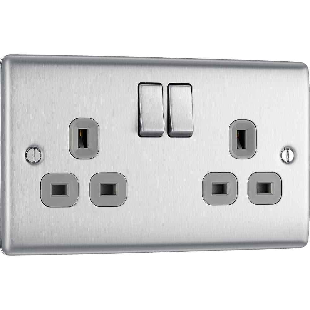 Photograph of Brushed Steel 13A 2Gang Switched Socket NBS22G-01