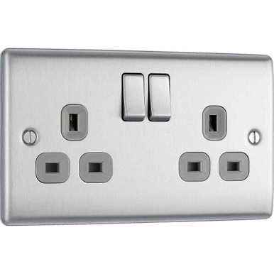 Brushed Steel 13A 2Gang Switched Socket NBS22G-01