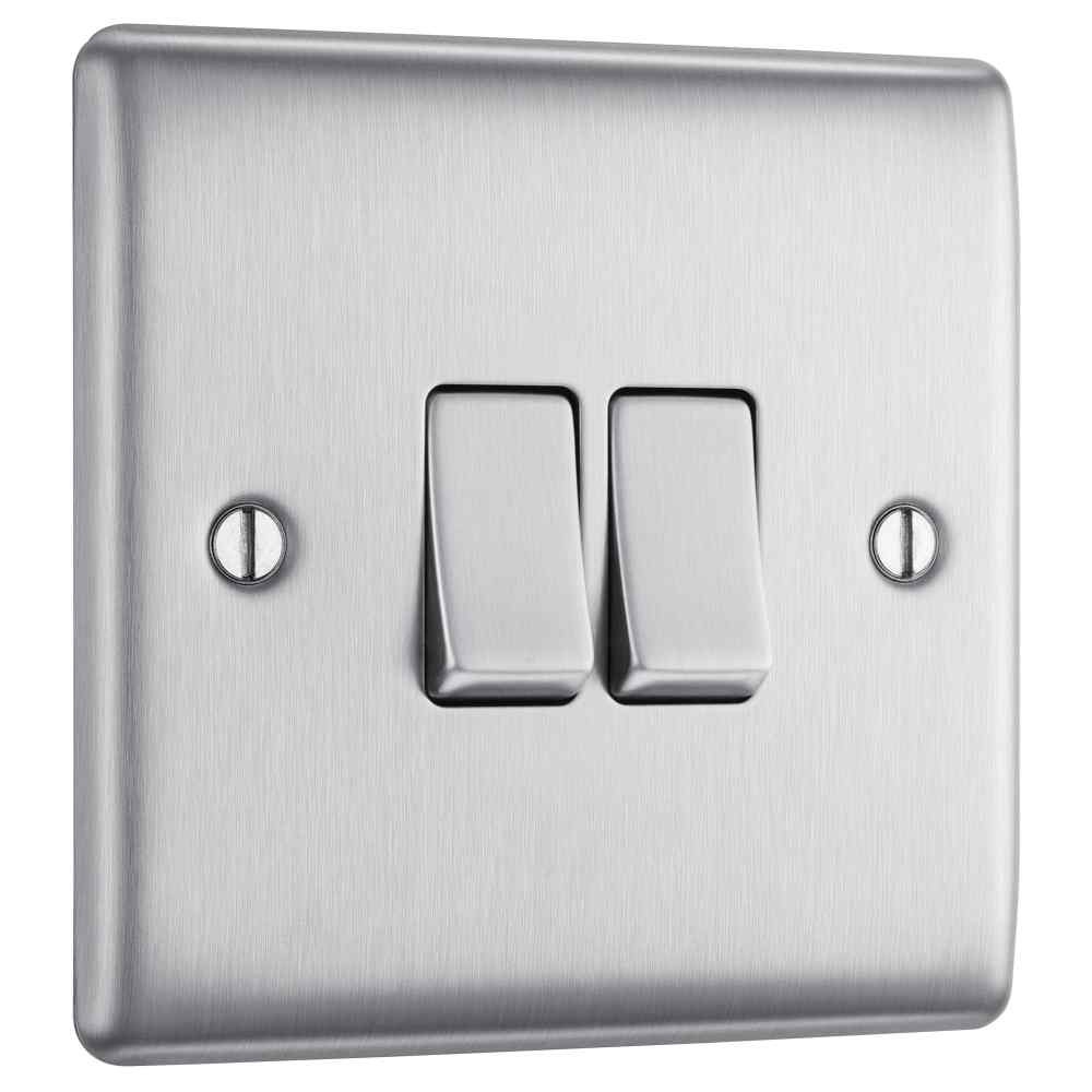 Photograph of Brushed Steel 2Gang 2Way Plate Switch 10A 10Ax  NBS42-01