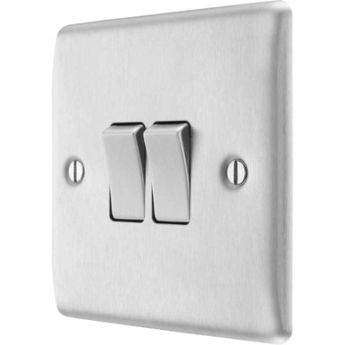 Further photograph of BG Electrical Nexus Metal Light Switch, Brushed Steel, 2Gang 2Way Plate Switch 10A 10Ax NBS42-01