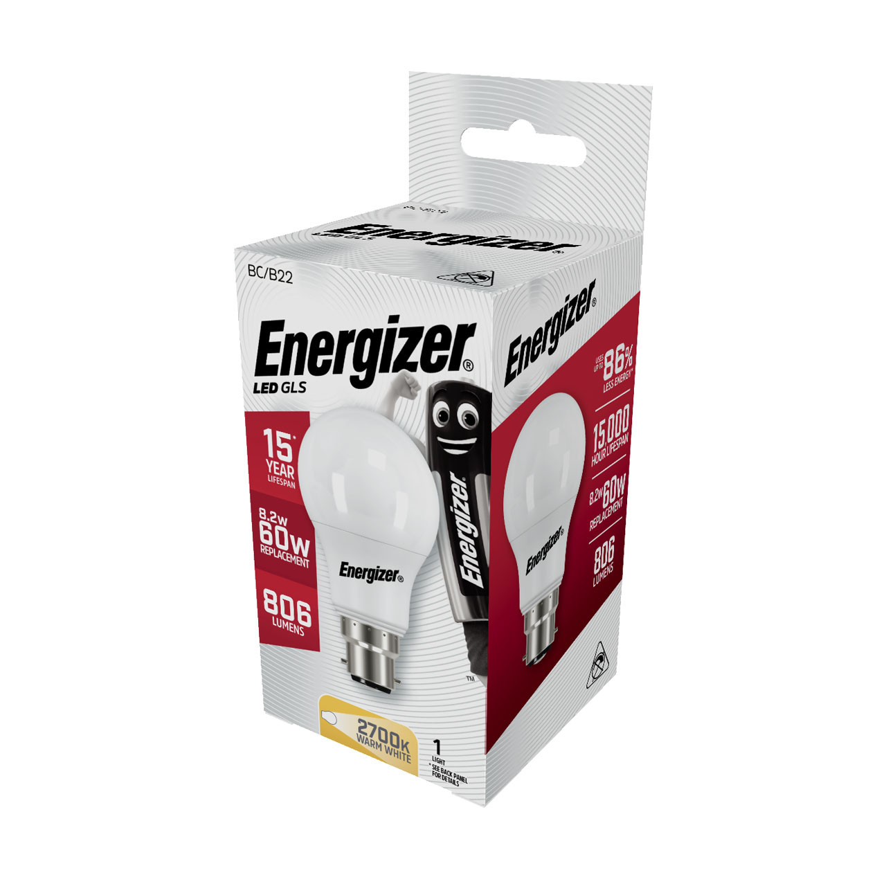 Photograph of Energizer S8862 8.2W LED GLS 806Lm Opal B22 Warm White