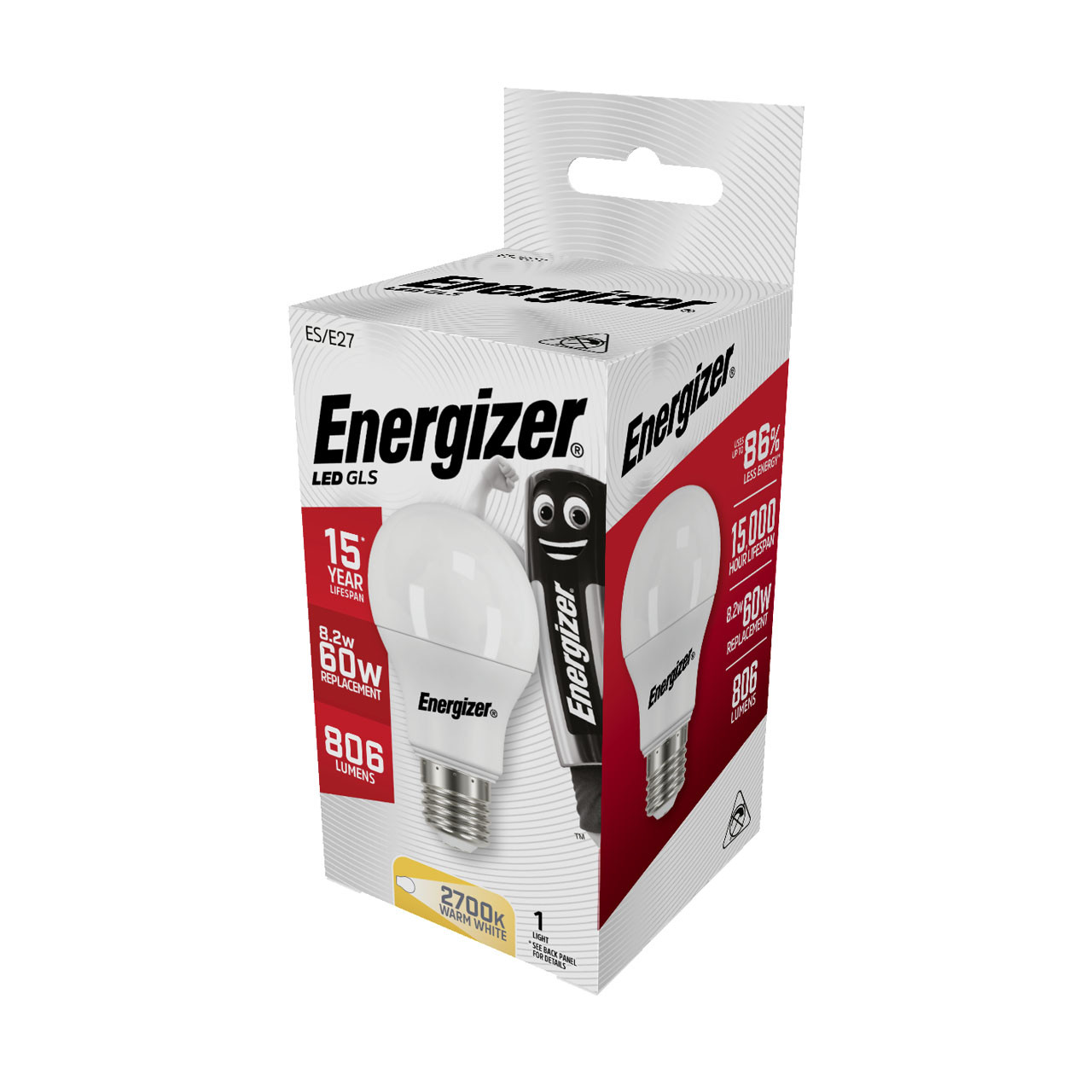 Photograph of Energizer S8863 8.2W LED GLS 806Lm Opal E27 Warm White