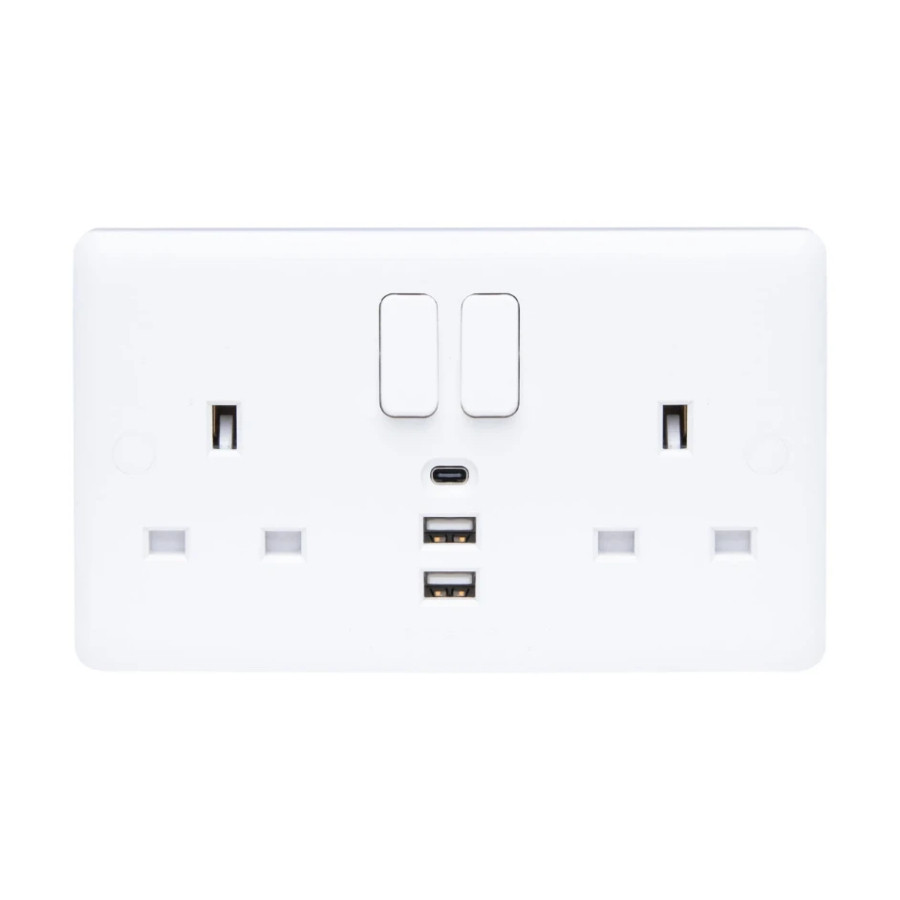 Photograph of Vimark Curve Vc1288 13A 2 Gang Double Pole 3 x USB Switched Socket White