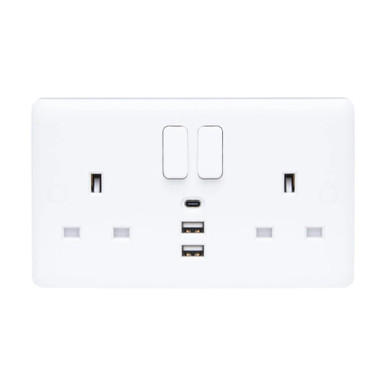 Vimark Curve Vc1288 13A 2 Gang Double Pole 3 x USB Switched Socket White