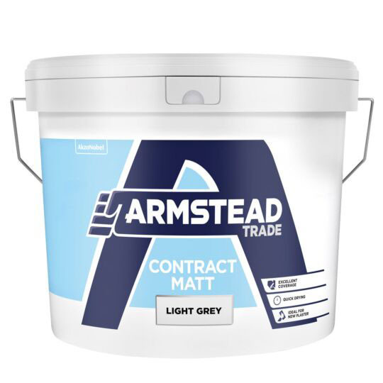 Photograph of Armstead Trade Contract Matt Light Grey 10L, Water Based, 15 sq m/l Coverage Area