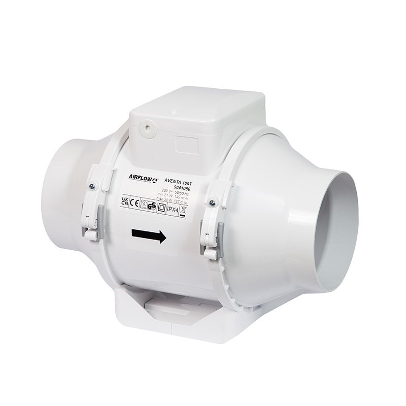 Photograph of Airflow Av100t Mixed Flow Fan, 3 Year Warranty, 230V, White, Bracket Mount, 21W, 100mm