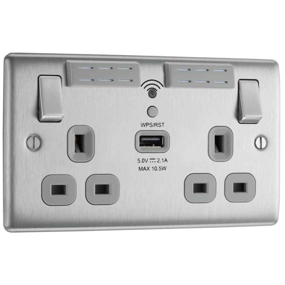 Photograph of BG Electrical Brushed Steel 13A 2 Gang Switched Socket WiFi & USB (2.1A)