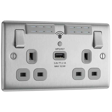 BG Electrical Nexus Metal WiFi Range Extender Socket, 240V, Brushed Steel, 13A, 2 Gang product image