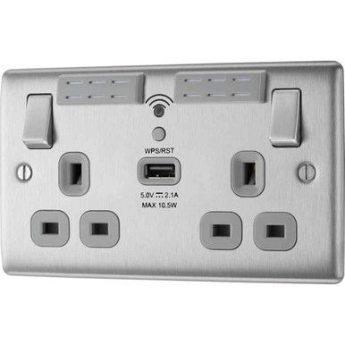 Further photograph of BG Electrical Brushed Steel 13A 2 Gang Switched Socket WiFi & USB (2.1A)