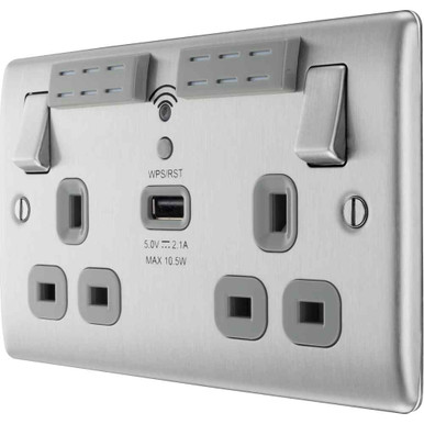 Further photograph of BG Electrical Brushed Steel 13A 2 Gang Switched Socket WiFi & USB (2.1A)