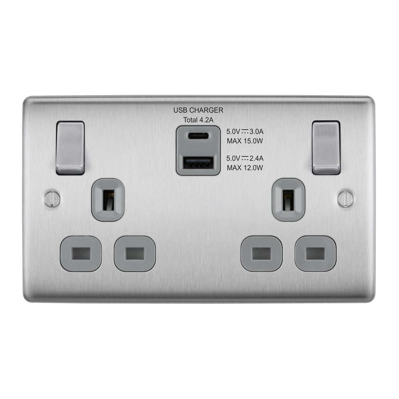 Photograph of BG Electrical Brushed Steel 13A 2 Gang Switched Socket With 2 x USB