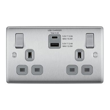 BG Electrical Nexus Metal 2 Gang Switched Socket, Brushed Steel, 2 x USB, 13A product image