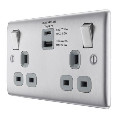 Further photograph of BG Electrical Brushed Steel 13A 2 Gang Switched Socket With 2 x USB