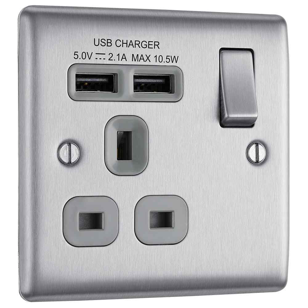 Photograph of BG Electrical Brushed Steel 13A 1 Gang Switched Socket with 2 x USB (2.1A)