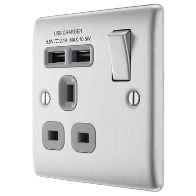 Further photograph of BG Electrical Brushed Steel 13A 1 Gang Switched Socket with 2 x USB (2.1A)