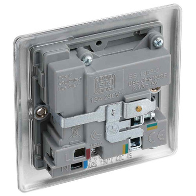 Further photograph of BG Electrical Nexus Metal 13A 1 Gang Switched Socket with 2 x USB, Brushed Steel, 86 x 86mm