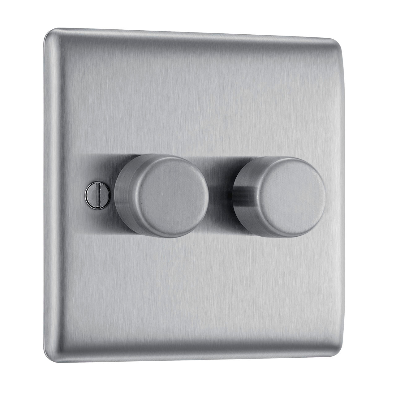 Photograph of BG Electrical Brushed Steel 2 Gang 2 Way Dimmer Switch