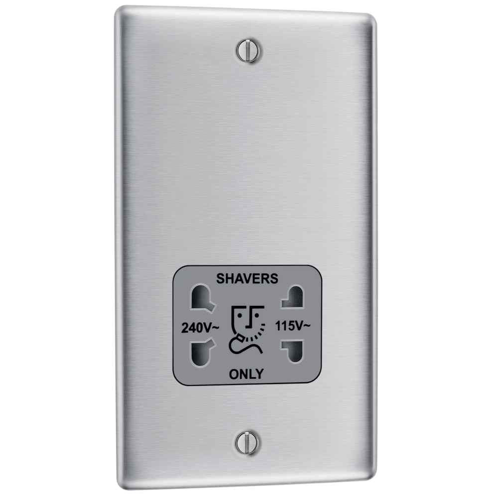 Photograph of BG Electrical Nexus Metal Shaver Socket, 115/240V, Brushed Steel, 2 Gang, IP41, 46x86x146mm