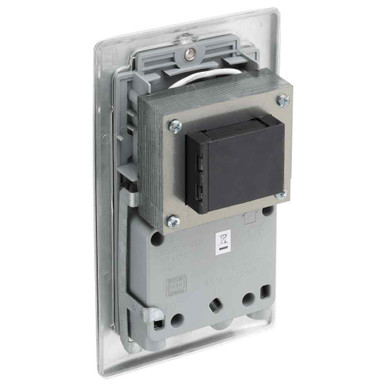 Further photograph of BG Electrical Nexus Metal Shaver Socket, 115/240V, Brushed Steel, 2 Gang, IP41, 46x86x146mm