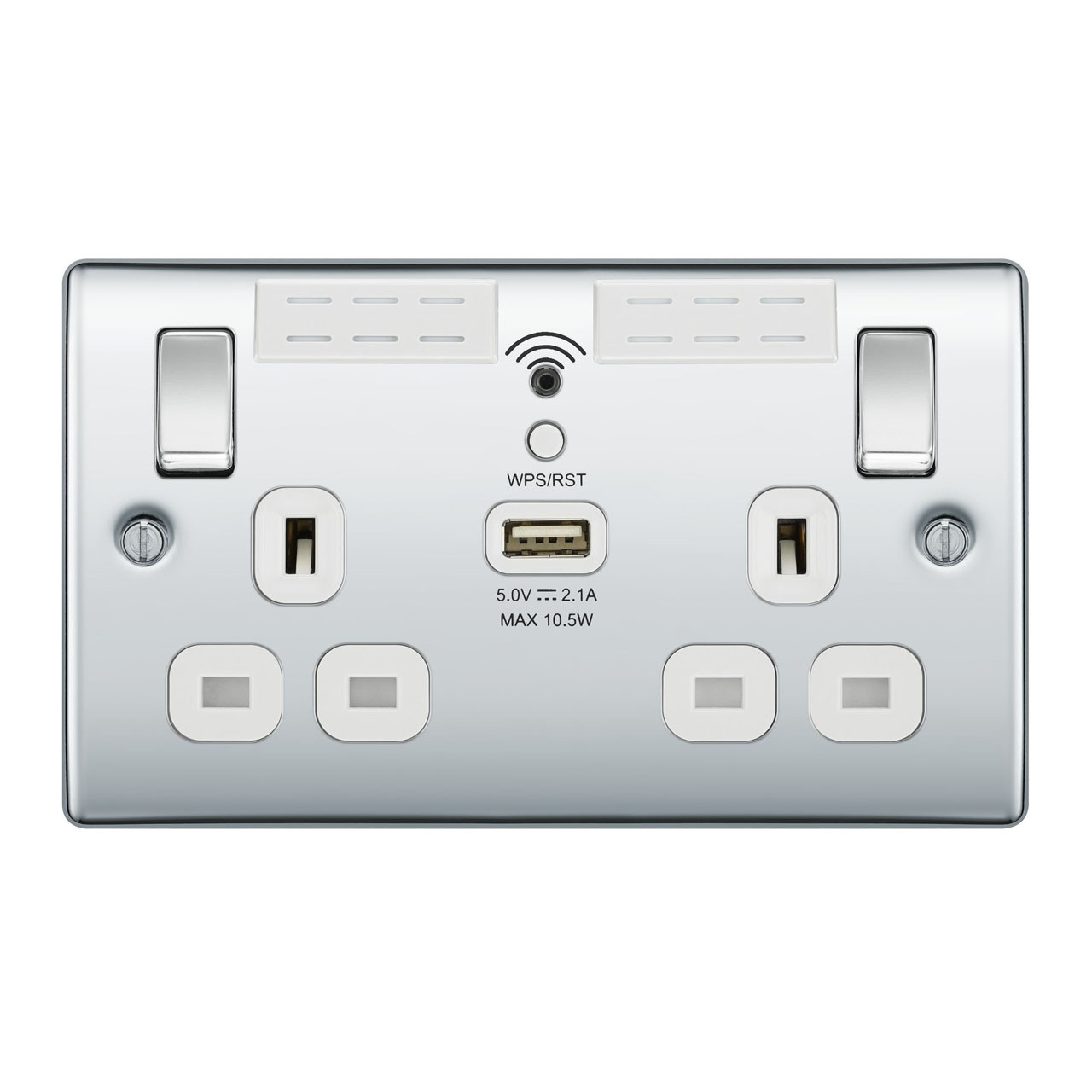 Photograph of BG Electrical Polished Chrome 13A 2 Gang Switched Socket With WiFi & USB (2.1A)