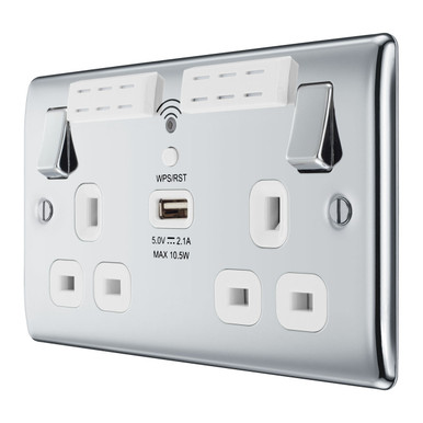 Further photograph of BG Electrical Polished Chrome 13A 2 Gang Switched Socket With WiFi & USB (2.1A)