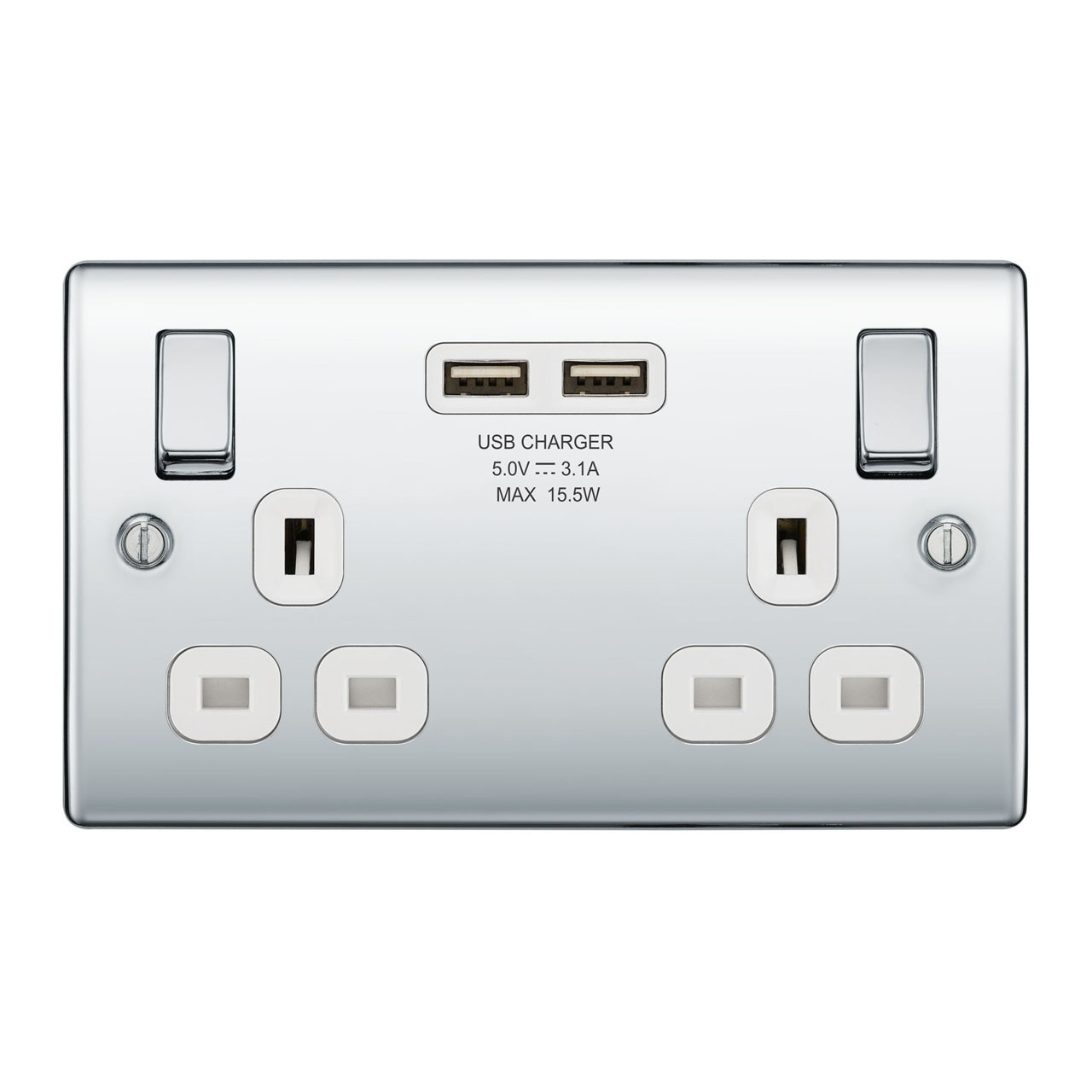 Photograph of BG Electrical Polished Chrome 13A 2 Gang Switched Socket With 2 x USB (3.1A)