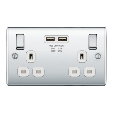 BG Electrical Nexus Metal 13A 2 Gang Switched Socket, 2 x USB, Polished Chrome, 86 x 146 x 33mm