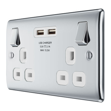 Further photograph of BG Electrical Polished Chrome 13A 2 Gang Switched Socket With 2 x USB (3.1A)