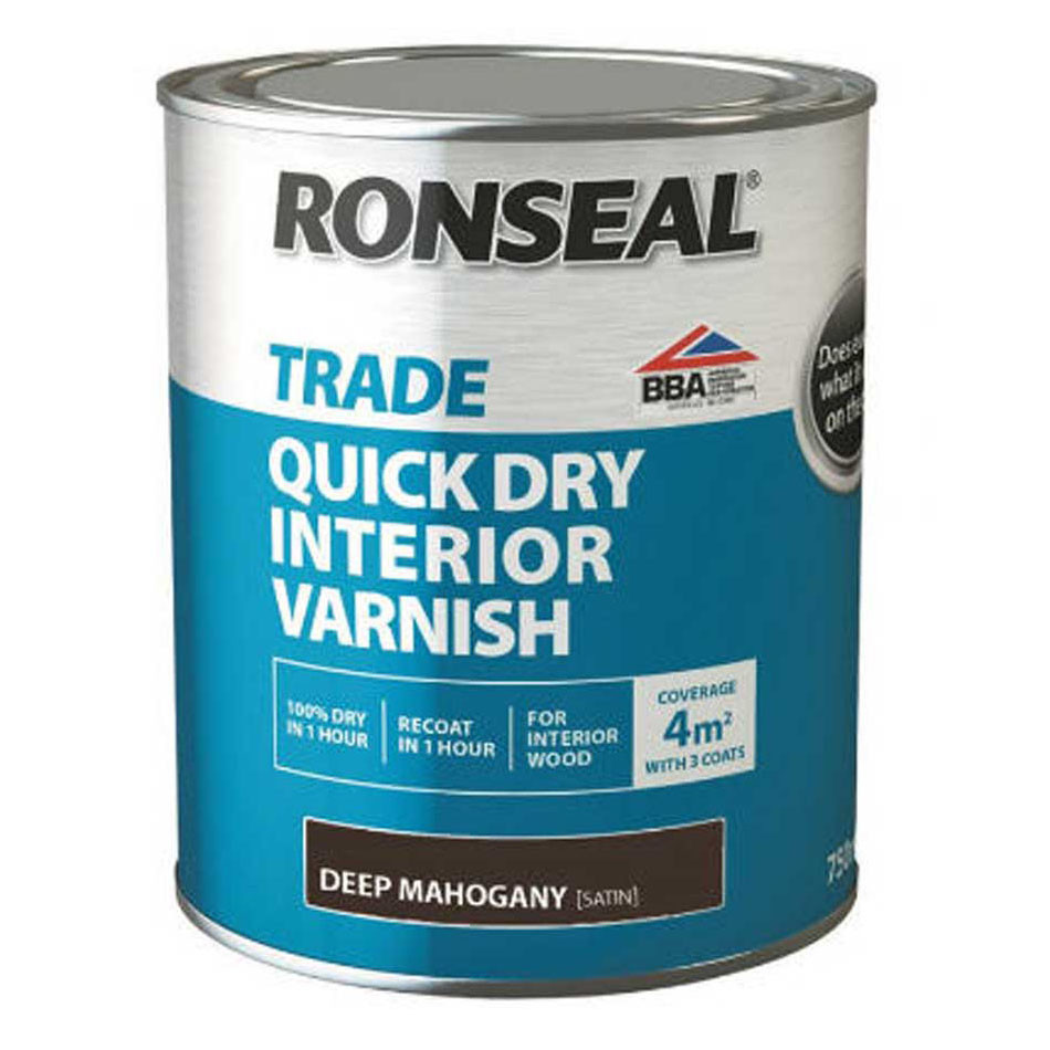 Photograph of Ronseal Trade Quick Dry Interior Varnish Deep Mahogany 750ml