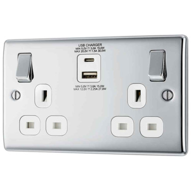Further photograph of BG Electrical 2 Gang 13A Socket With Type A + C USB Charger 30W Chrome