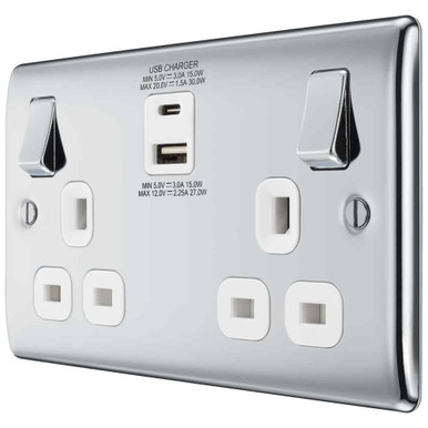 Further photograph of BG Electrical Nexus Metal 2 Gang 13A Socket With Type A + C USB Charger 30W Chrome, Grey