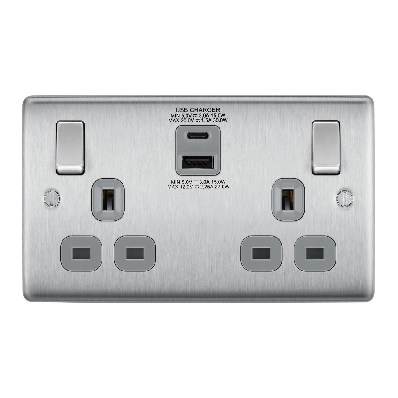 Photograph of BG Electrical 2 Gang 13A Socket With Type A + C USB Charger 30W Brushed Steel