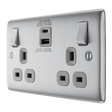 Further photograph of BG Electrical Nexus Metal 2 Gang 13A Socket With Type A + C USB Charger 30W Brushed Steel