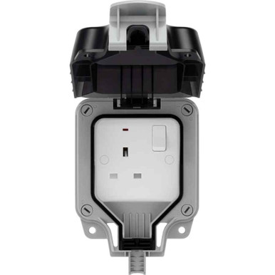 Further photograph of BG Electrical WP Series 1 Gang Switched Socket, 13A, Grey, IP66, 85 x 115 x 156mm