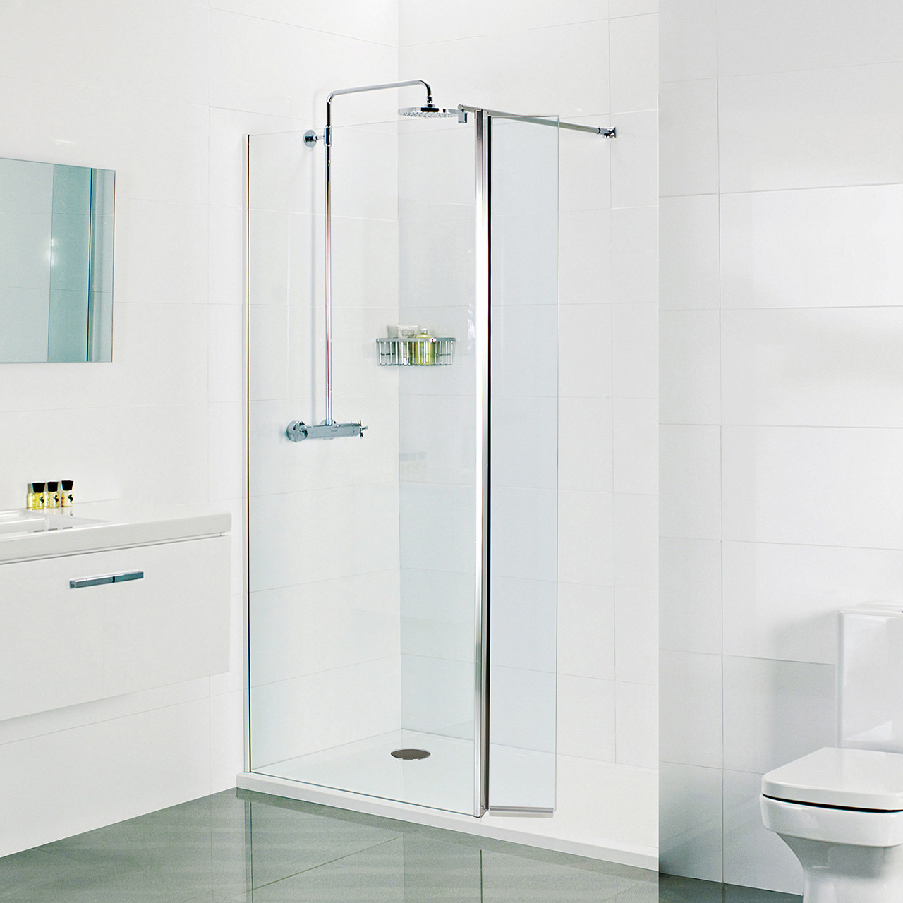 Photograph of Pivoting Wetroom 200 x 8mm Deflector Glass Shower Panel - Chrome