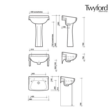 Further photograph of Twyford Classic Washbasin 560 x 415mm, 2 Tap Holes
