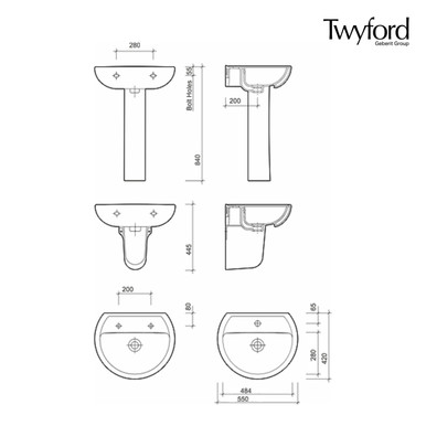 Further photograph of Twyford Alcona Washbasin 550x420mm with 2 Tap Holes