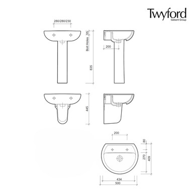 Further photograph of Twyford Alcona 500mm Washbasin, 2 Tap Holes