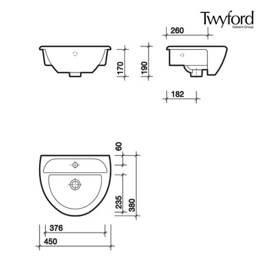 Further photograph of Twyford Sola Semi-Recessed Basin, 450x380mm, 1 Tap Hole