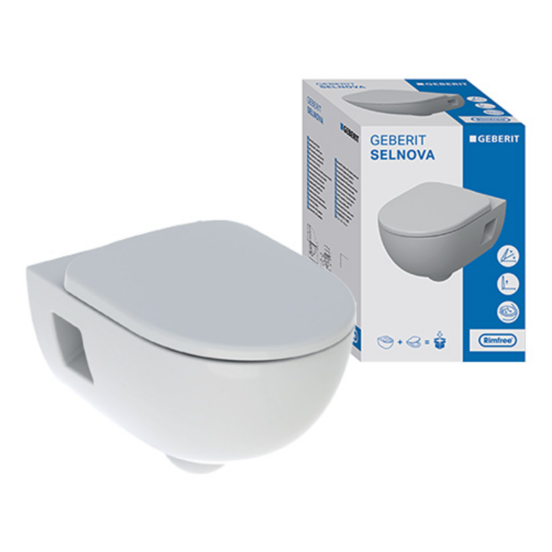 Photograph of Geberit Selnova Rimfree? Selnova Semi-Shrouded Wall-Hung Pan & Soft Close, Quick Release Seat Pack