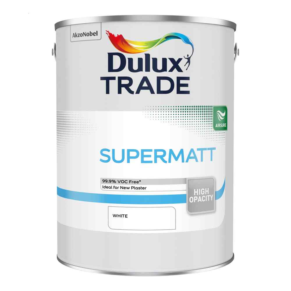 Photograph of Dulux Supermatt White Paint, 5L, Water Based, 7.5kg, 18 sq m/l Coverage Area