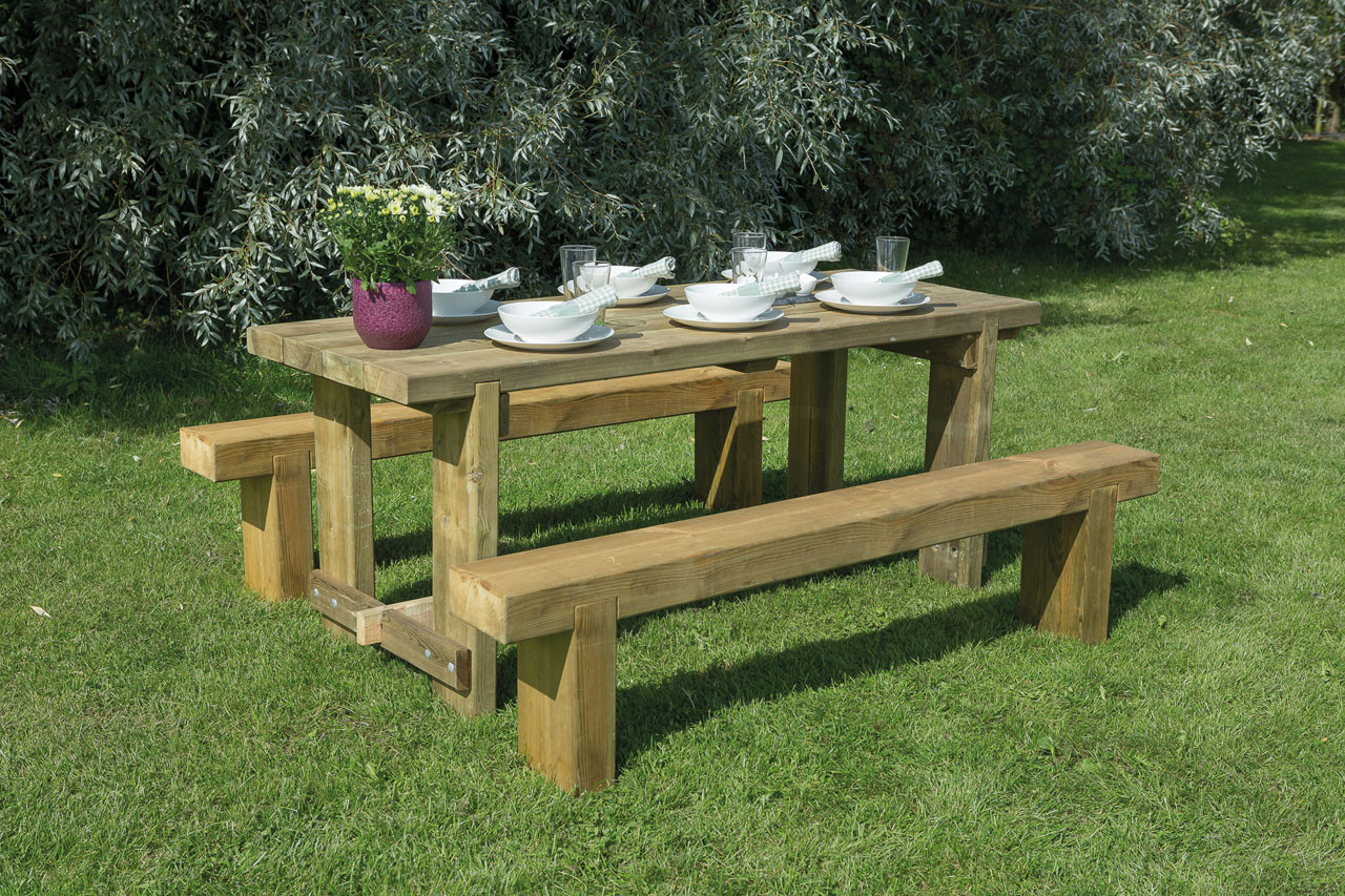 Photograph of Forest Garden Refectory Table and Sleeper Bench Set 60mm x 700mm x 1800mm