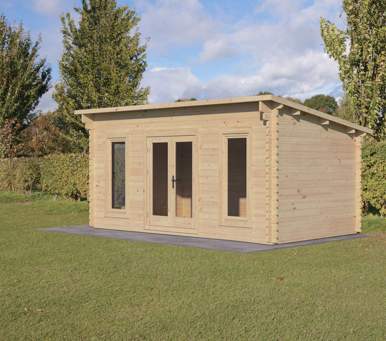 Photograph of Forest Garden Elmley 5.0m x 3.0m Log Cabin with Pent Roof, Double Glazed, 24kg Polyester Felt