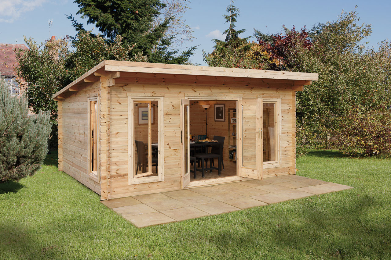 Photograph of Forest Garden Mendip 5.0m x 4.0m Log Cabin with Pent Roof, Double Glazed, 24kg Polyester Felt (Installed)